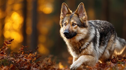 Fototapeta premium German Shepherd Dog Running in Autumn Forest with Golden Light