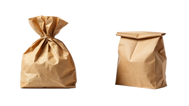 Two brown paper bags isolated on transparent background for food and shopping