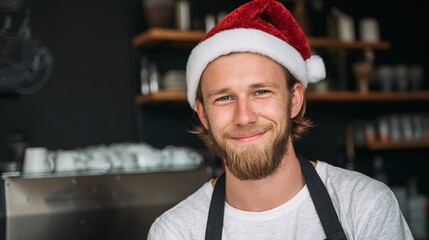 Cheerful barista in Santa hat, wearing apron, in a cafe with blurred shelves and cups, close - up, copy space.