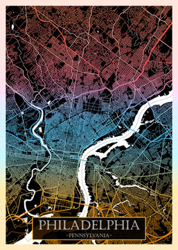 Philadelphia USA City Map. Downtown printable Landmarks, print city painting, travel art banner, modern urban art, background abstract city