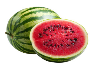 Fresh whole watermelon and half slice with seeds juicy red ripe summer fruit isolated on transparent background