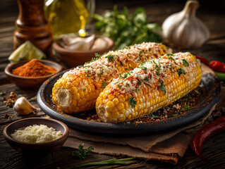 Grilled cheesy corn served with herbs and garlic