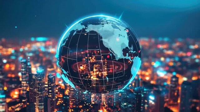 Digital Globe with Connections Over a Cityscape at Night Reflects Technology, Communication, and Globalization in a Futuristic Setting