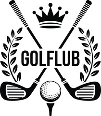 Golf club emblem with laurel wreath, crossed clubs, crown, and ball vector illustration