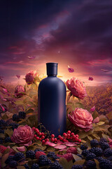 Dark perfume bottle surrounded by roses and berries under dramatic sunset sky