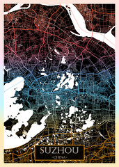 Suzhou China City Map. Downtown printable Landmarks, print city painting, travel art banner, modern urban art, background abstract city