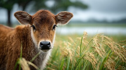 Fototapeta premium Cute Calf Portrait in a Green Rice Field Landscape