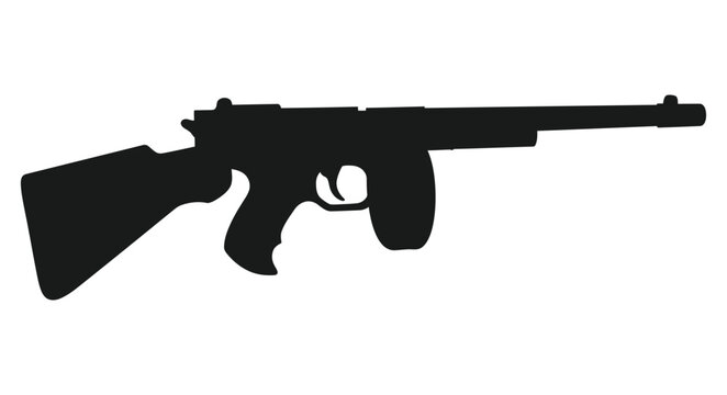 A simple black silhouette depicting a vintage tommy gun firearm