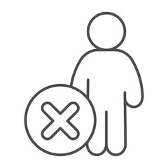 Human ban thin line icon, man concept. Vector graphics. Male with close button, forbidden item sign on white background, outline style icon for mobile or web design.