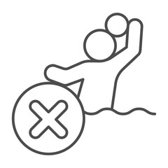 Man with ball in water ban thin line icon, water sport concept. Vector graphics. Player with close button, forbidden item sign on white background, outline style icon for mobile or web design.