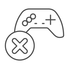 Game controller ban thin line icon, gaming concept. Vector graphics. Joystick with close button, forbidden item sign on white background, outline style icon for mobile or web design.