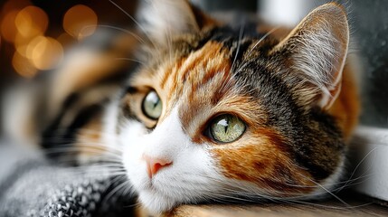 Close-up Portrait of a Calico Cat with Green Eyes Resting Indoors
