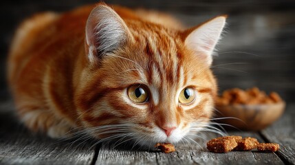 Ginger Cat Focused on Food, Close Up of Pet Ready to Eat on Wood