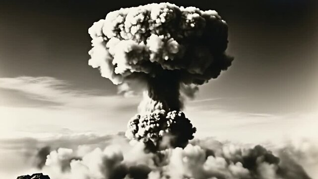 Vintage nuclear explosion forming a mushroom cloud, black and white footage