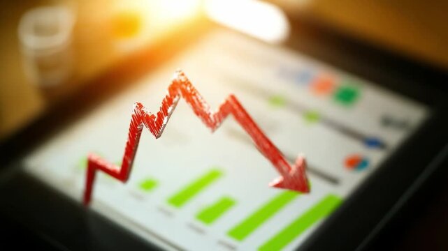 Financial Downturn: A digital tablet displays a red declining graph indicating financial downturn, representing the concept of economic decline and losses.
