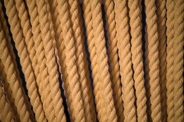 Row of thick beige braided rope hanging vertically. Craft and texture background for decor, maritime, or abstract concept designs.