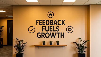 Motivational office wall with text Feedback Fuels Growth and modern decor plants on shelf, workplace inspiration interior design concept
