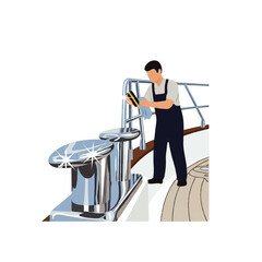 Man polishing metal fixtures on a boat deck.