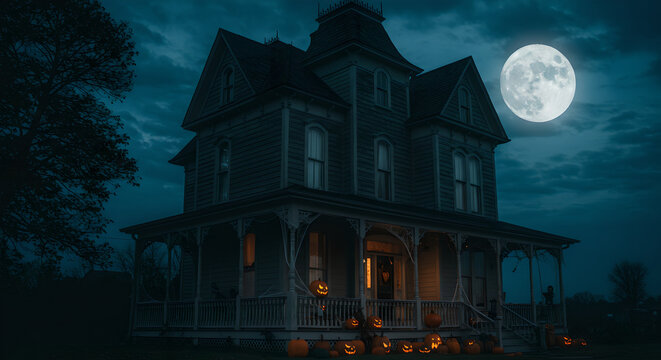 Spooky Haunted House with Lanterns and Full Moon