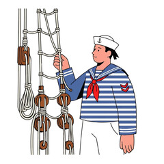 Illustration of a sailor in uniform adjusting ropes on a ship.
