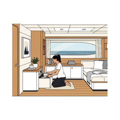 Illustration of a woman kneeling and looking in a drawer in a room.