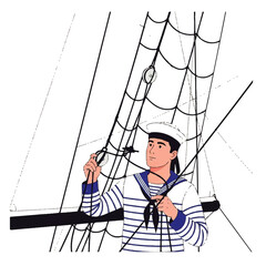 Illustration of a sailor in uniform working on the rigging of a ship.