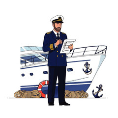 Illustration of a ship captain with a checklist in front of a yacht.
