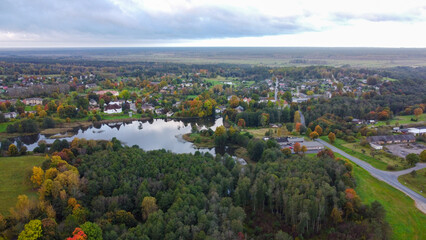 Picturesque Aerial View of a Small Town in Latvia During Autumn