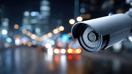 Security Camera Overlooking City Street at Night with Bokeh Lights