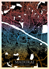 Madurai Tamil Nadu City Map. Downtown printable Landmarks, print city painting, travel art banner, modern urban art, background abstract city