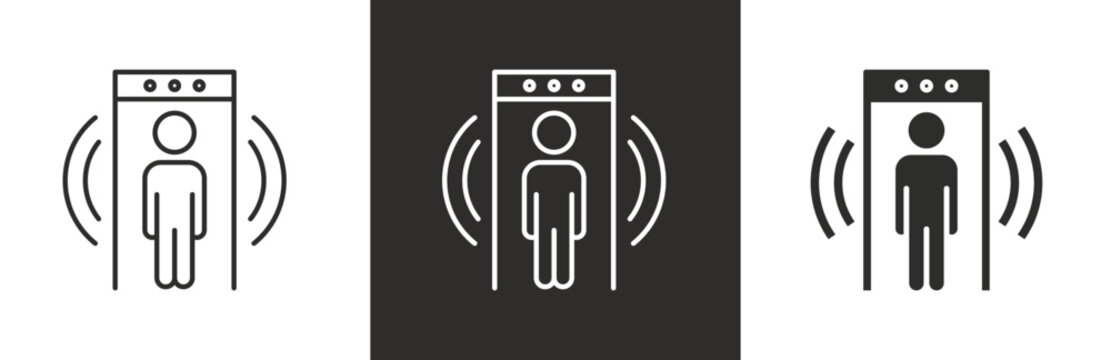 flat and linear set icons, detector metal icon, security check, frisking man, simple symbols on white and black background - editable stroke vector illustration