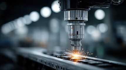 Laser Cutting Machine in Action with Sparks, Metal Processing Industry