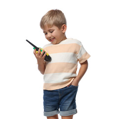 Little boy with walkie talkie toy on white background