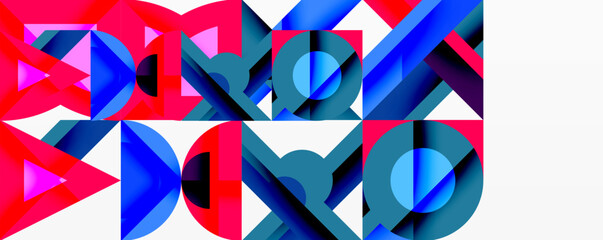 Abstract geometric composition. Bold colors, triangles, circles create dynamic pattern. Modern design, vibrant, clean aesthetic.