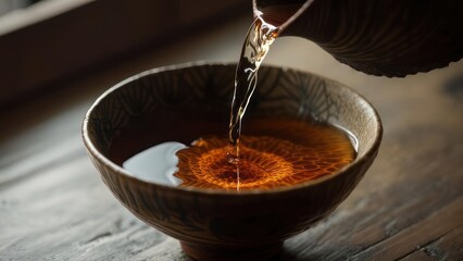 Pouring hot tea into a ceramic bowl on a wooden table.
