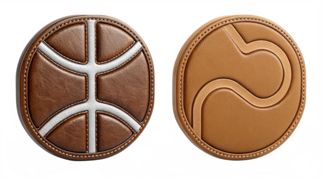 Two leather coasters with basketball and tennis ball design isolated on transparent background