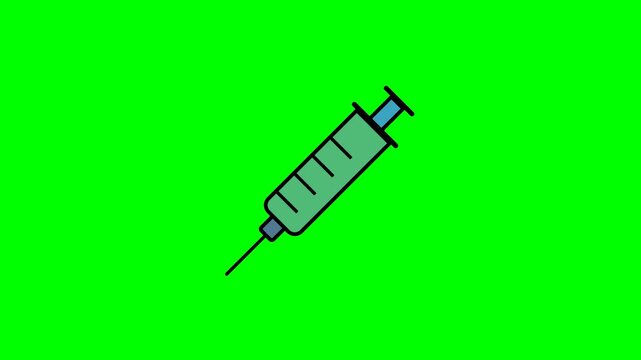 Healthcare injection syringe vector with green body, blue handle and black needle on green background