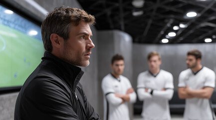 Football Coach Leading a Strategy Meeting with Players in the Locker Room..