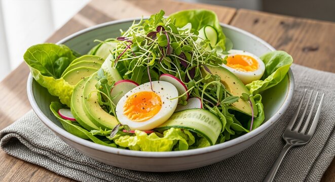 Healthy green salad with avocado and soft-boiled egg in a bowl. Fresh vegetable meal with radish and microgreens. Nutritious keto diet lunch concept - Powered by Adobe