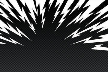 Comic thunder line vector with manga radial background effect. Thunder manga bg for anime flash, motion speed and energy burst. Black and white abstract frame design illustration.