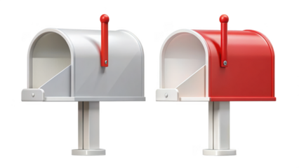Two mailboxes, one red and one gray, isolated on transparent background