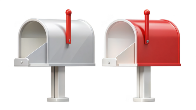 Two mailboxes, one red and one gray, isolated on transparent background
