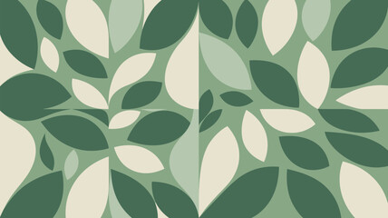 A seamless pattern with stylized leaves in shades of green and cream arranged symmetrically on a green backdrop