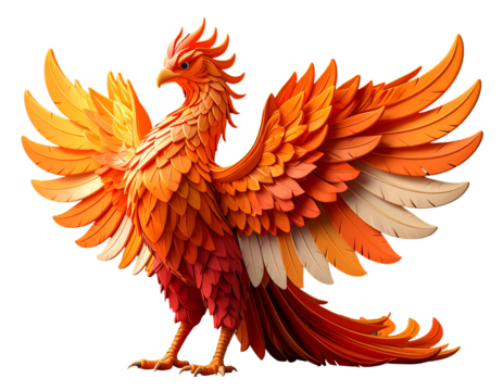Vibrant Orange Layered Phoenix Mythical Bird with Spread Wings on Black Background