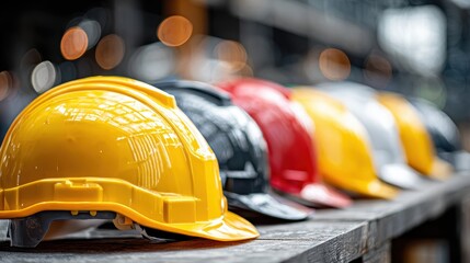Colorful Hard Hats in a Row on Wooden Surface, Construction Safety Gear