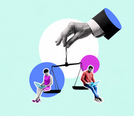 A hand holds a scale on which a man and a woman are sitting. Concept of teamwork, balance, justice, or gender inequality and competition, social contrast. Creative art collage.