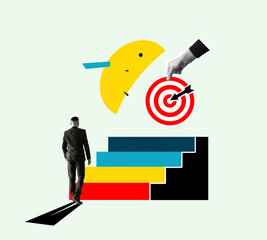 Creative collage of a businessman ascending stairs toward a target icon. Concept of success, goal achievement, growth, and career advancement in a modern artistic style.