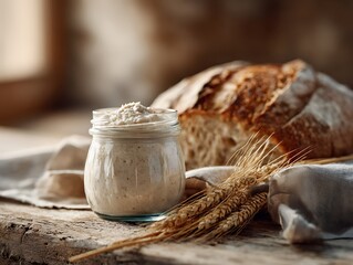 Glass jar with mature sourdough starter and rustic loaf on a wooden table, showcasing the craft of natural leavening and slow fermentation in artisan baking