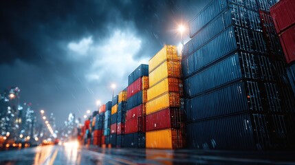 Fototapeta premium Stacked Shipping Containers at Port Terminal in Rainy Weather at Night