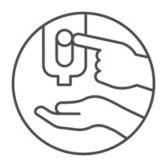 Liquid soap container thin line icon, hygiene and washing concept. Vector graphics. Two hands and liquid soap with button sign on white background, outline style icon for mobile or web design.